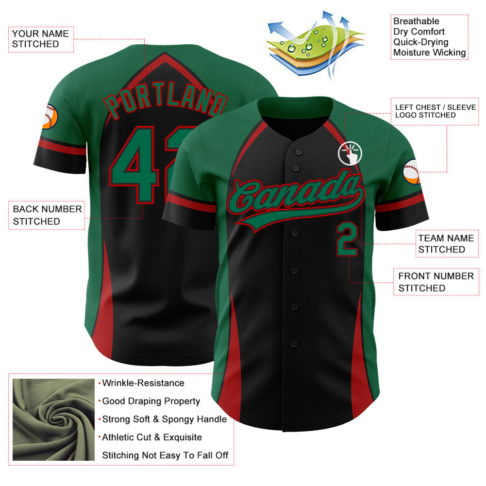 Custom Black Kelly Green-Red 3D Pattern Design Curve Solid Authentic Baseball Jersey baseball jersey product view 3