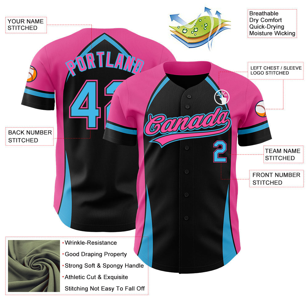Custom Black Sky Blue-Pink 3D Pattern Design Curve Solid Authentic Baseball Jersey baseball jersey product view 3