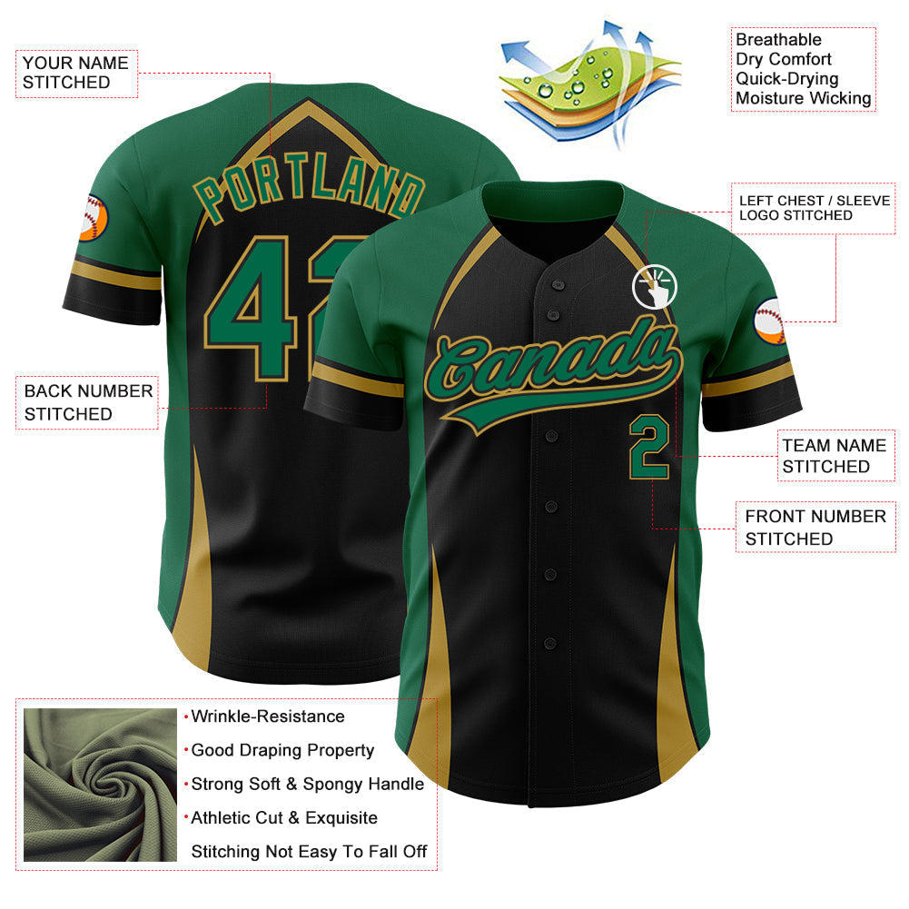 Custom Black Kelly Green-Old Gold 3D Pattern Design Curve Solid Authentic Baseball Jersey baseball jersey product view 3