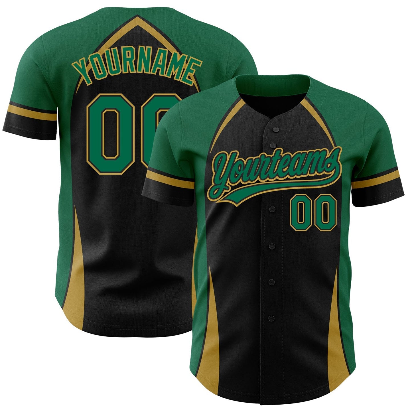 Custom Black Kelly Green-Old Gold 3D Pattern Design Curve Solid Authentic Baseball Jersey baseball jersey product view 1