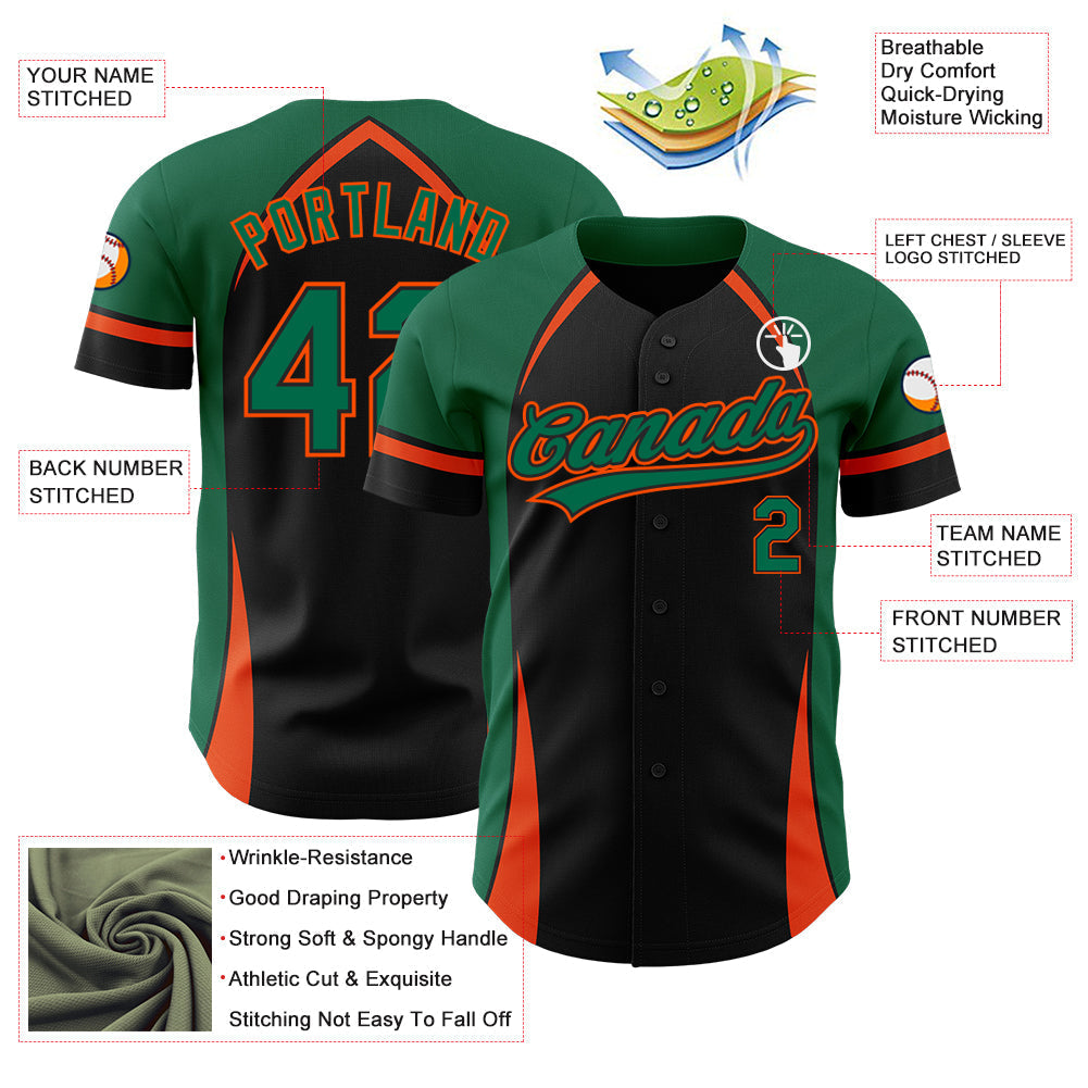 Custom Black Kelly Green-Orange 3D Pattern Design Curve Solid Authentic Baseball Jersey baseball jersey product view 3