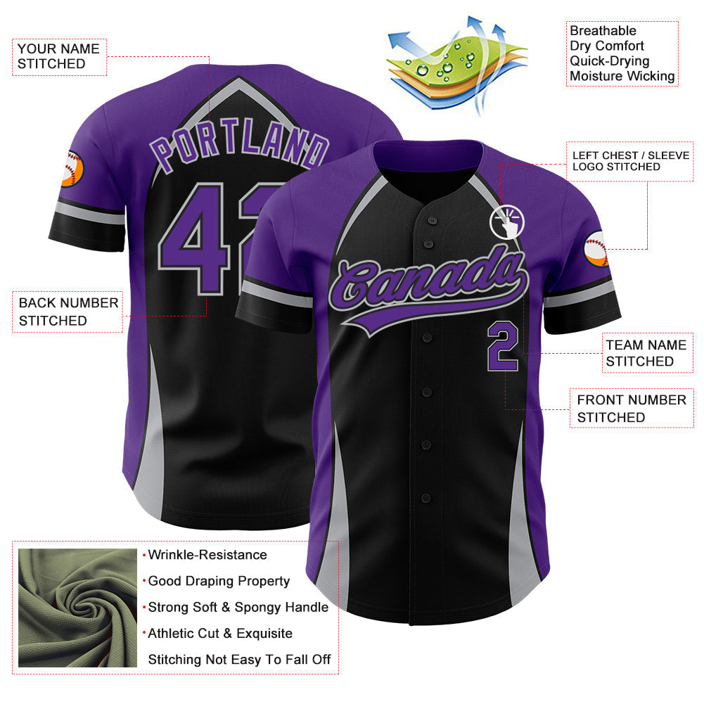 Custom Black Purple-Gray 3D Pattern Design Curve Solid Authentic Baseball Jersey baseball jersey product view 3