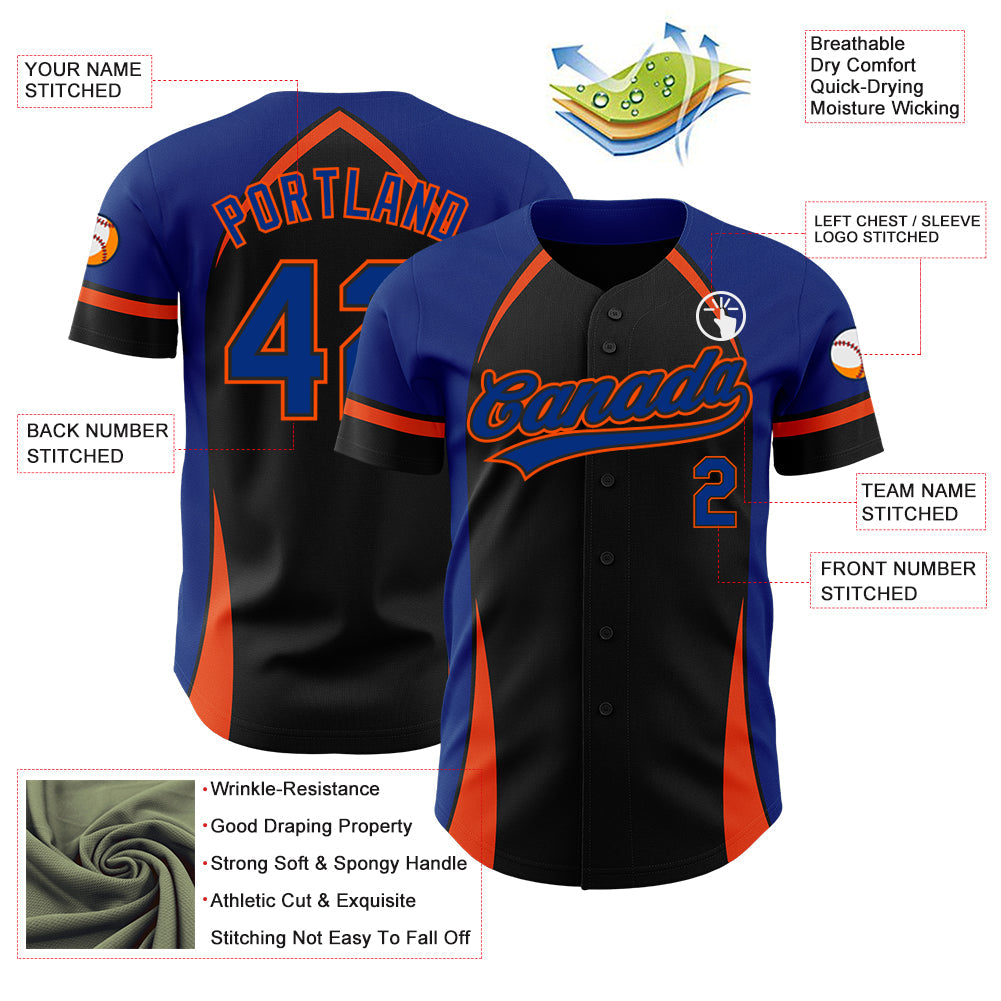 Custom Black Royal-Orange 3D Pattern Design Curve Solid Authentic Baseball Jersey baseball jersey product view 3
