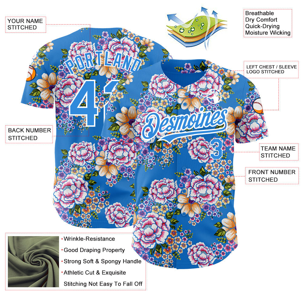 Custom Electric Blue White 3D Pattern Design Northeast China Big Flower Authentic Baseball Jersey baseball jersey product view 3