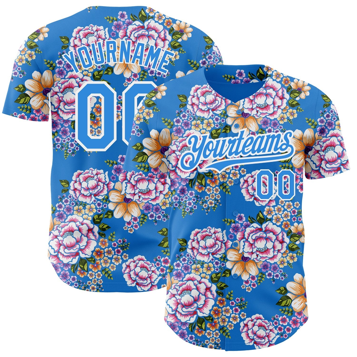 Custom Electric Blue White 3D Pattern Design Northeast China Big Flower Authentic Baseball Jersey baseball jersey product view 1