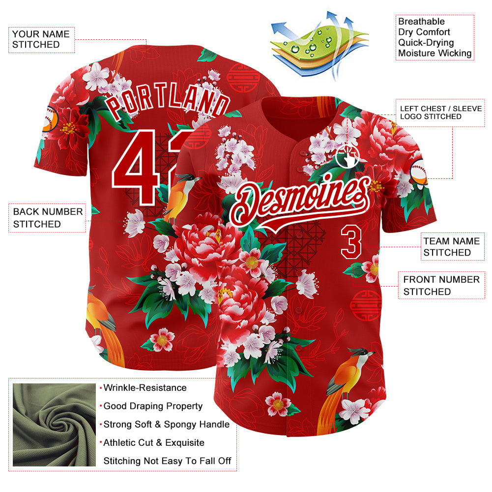 Custom Red White 3D Pattern Design Northeast China Big Flower Authentic Baseball Jersey baseball jersey product view 3