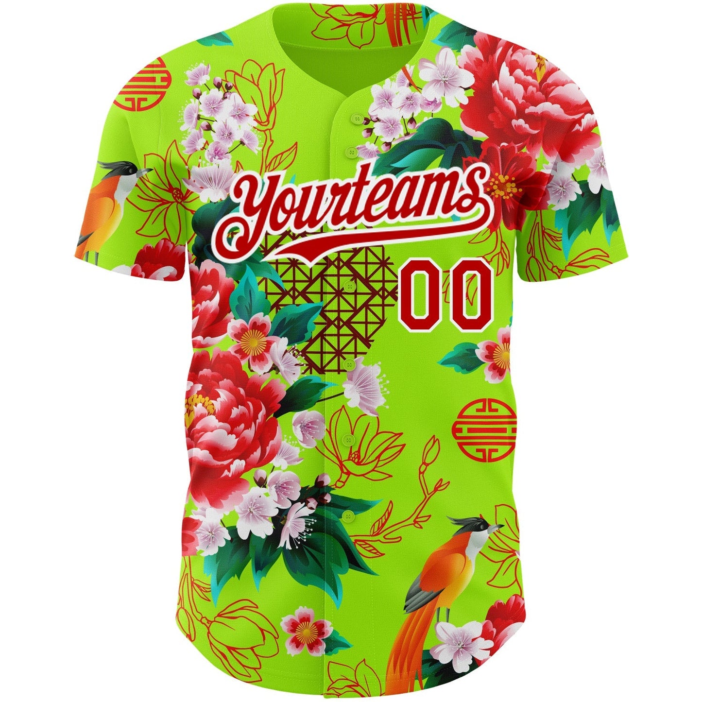Custom Neon Green Red-White 3D Pattern Design Northeast China Big Flower Authentic Baseball Jersey baseball jersey product view 2