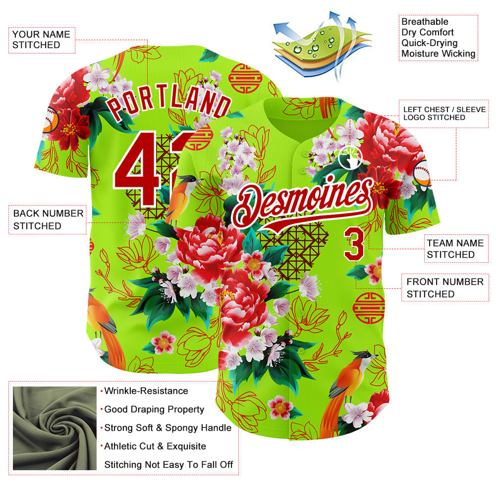 Custom Neon Green Red-White 3D Pattern Design Northeast China Big Flower Authentic Baseball Jersey baseball jersey product view 3