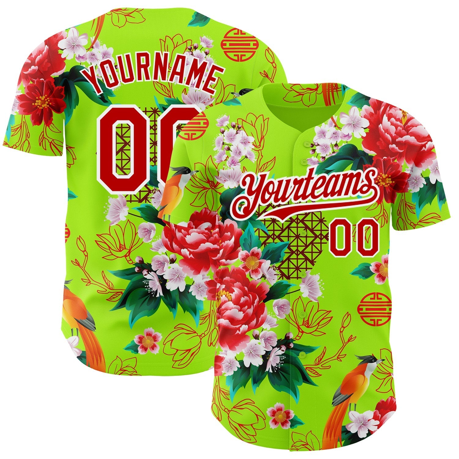 Custom Neon Green Red-White 3D Pattern Design Northeast China Big Flower Authentic Baseball Jersey baseball jersey product view 1