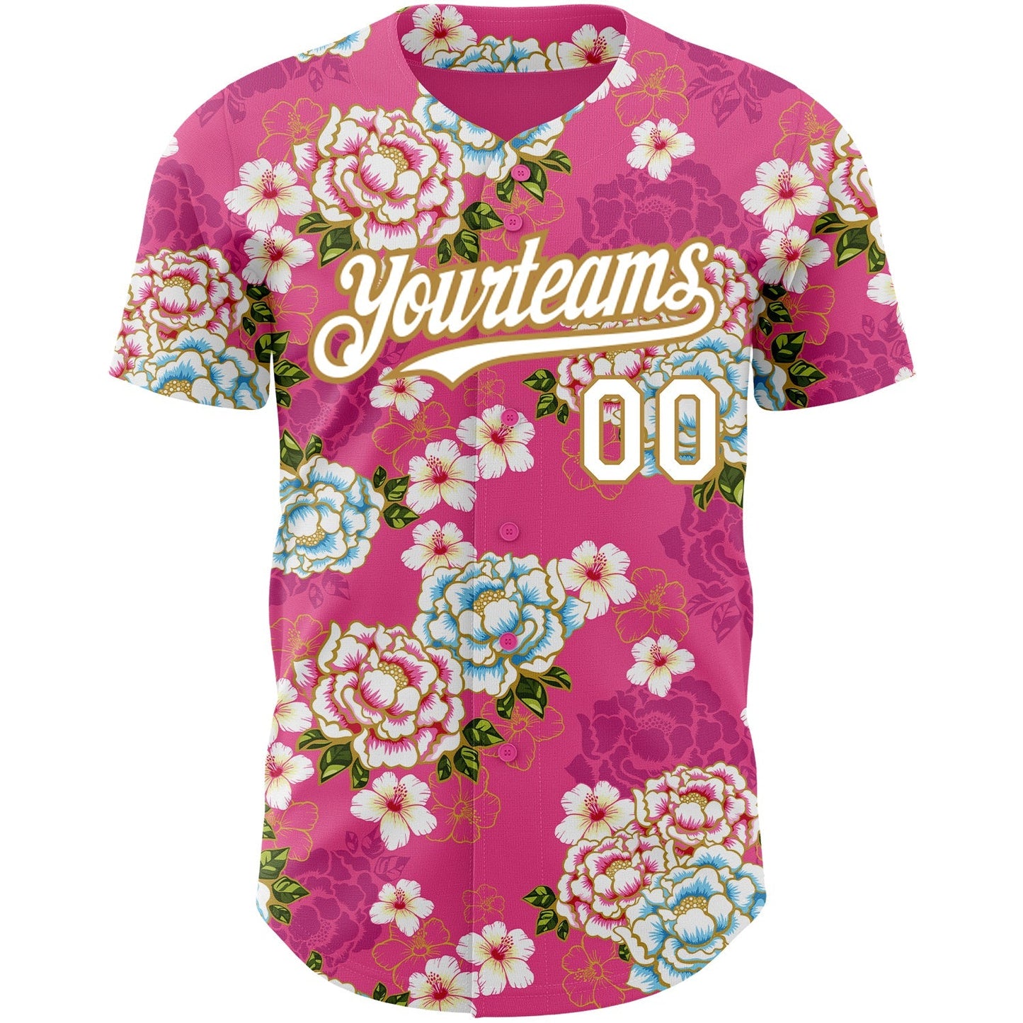 Custom Hot Pink White-Old Gold 3D Pattern Design Northeast China Big Flower Authentic Baseball Jersey baseball jersey product view 2