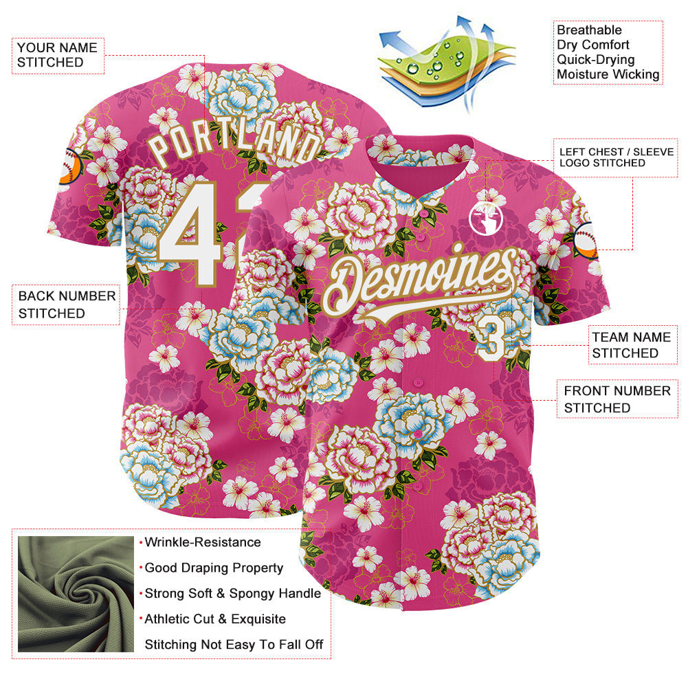 Custom Hot Pink White-Old Gold 3D Pattern Design Northeast China Big Flower Authentic Baseball Jersey baseball jersey product view 3