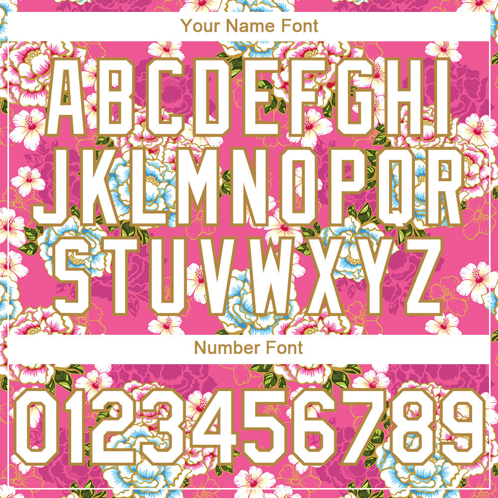 Custom Hot Pink White-Old Gold 3D Pattern Design Northeast China Big Flower Authentic Baseball Jersey baseball jersey product view 5