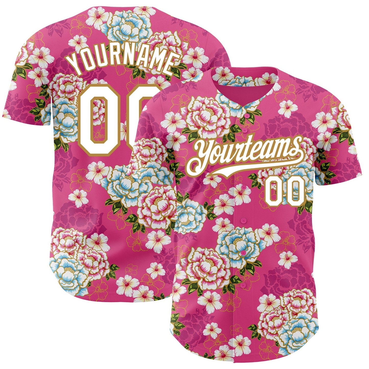 Custom Hot Pink White-Old Gold 3D Pattern Design Northeast China Big Flower Authentic Baseball Jersey baseball jersey product view 1