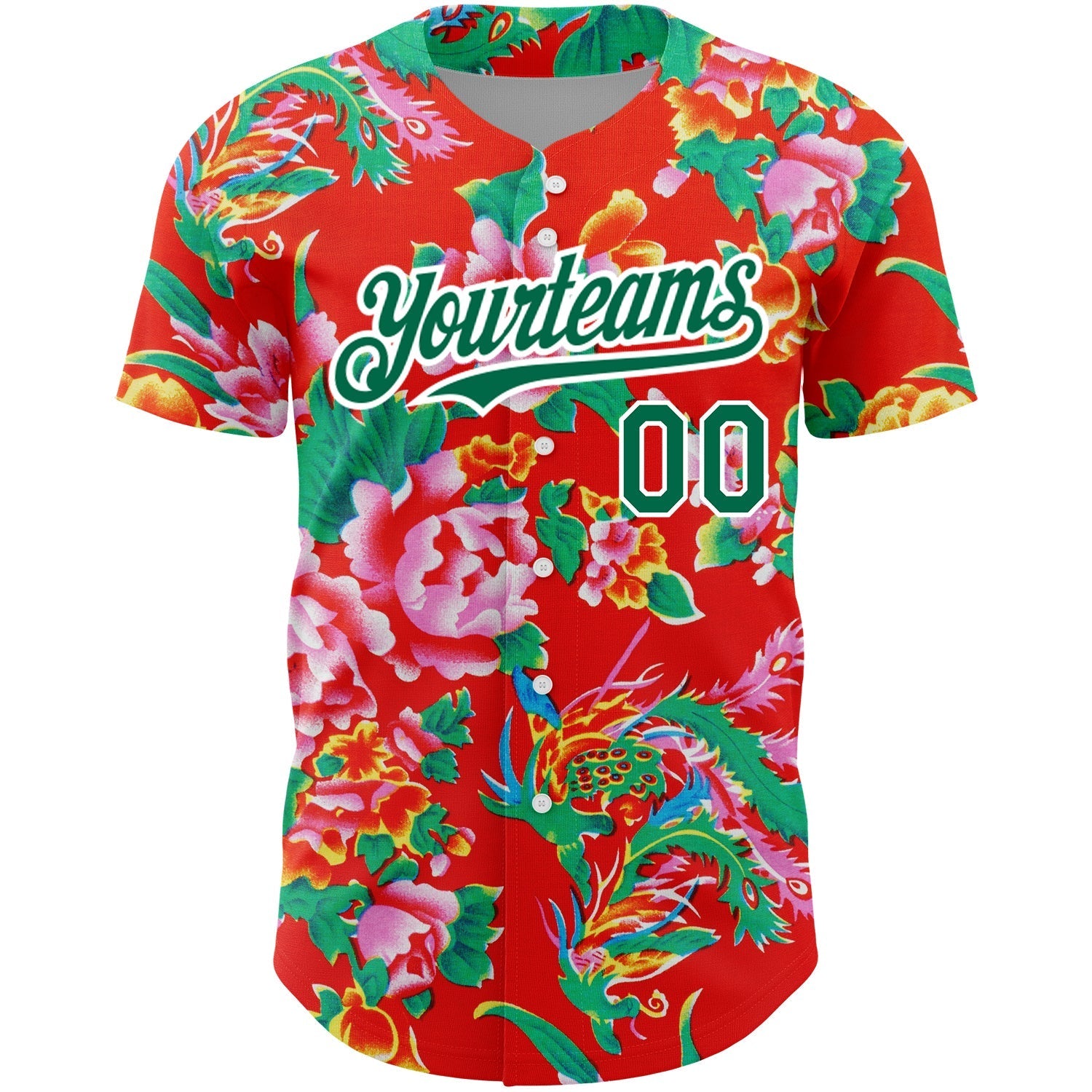 Custom Red Kelly Green-White 3D Pattern Design Northeast China Big Flower Authentic Baseball Jersey baseball jersey product view 2