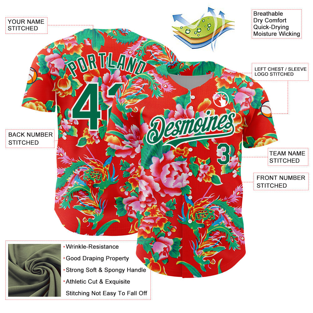 Custom Red Kelly Green-White 3D Pattern Design Northeast China Big Flower Authentic Baseball Jersey baseball jersey product view 3