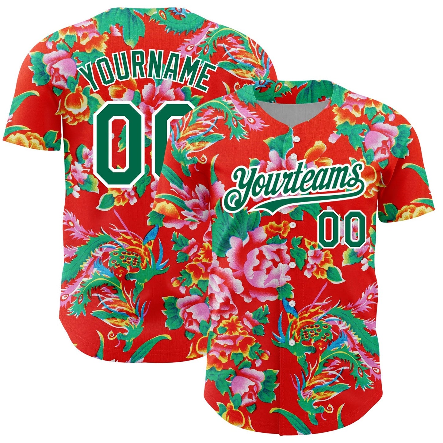 Custom Red Kelly Green-White 3D Pattern Design Northeast China Big Flower Authentic Baseball Jersey baseball jersey product view 1