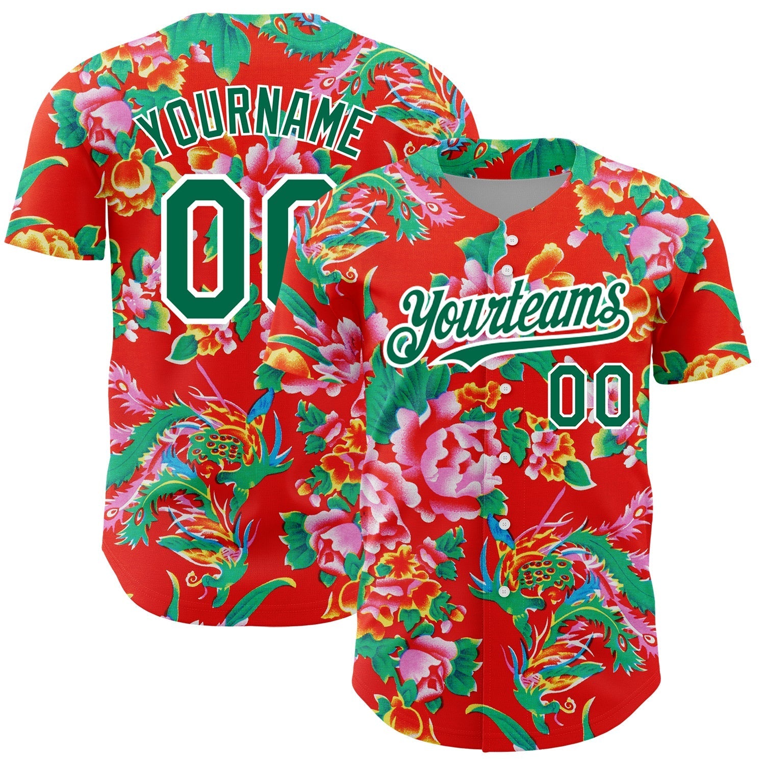 Custom Red Kelly Green-White 3D Pattern Design Northeast China Big Flower Authentic Baseball Jersey baseball jersey product view 1