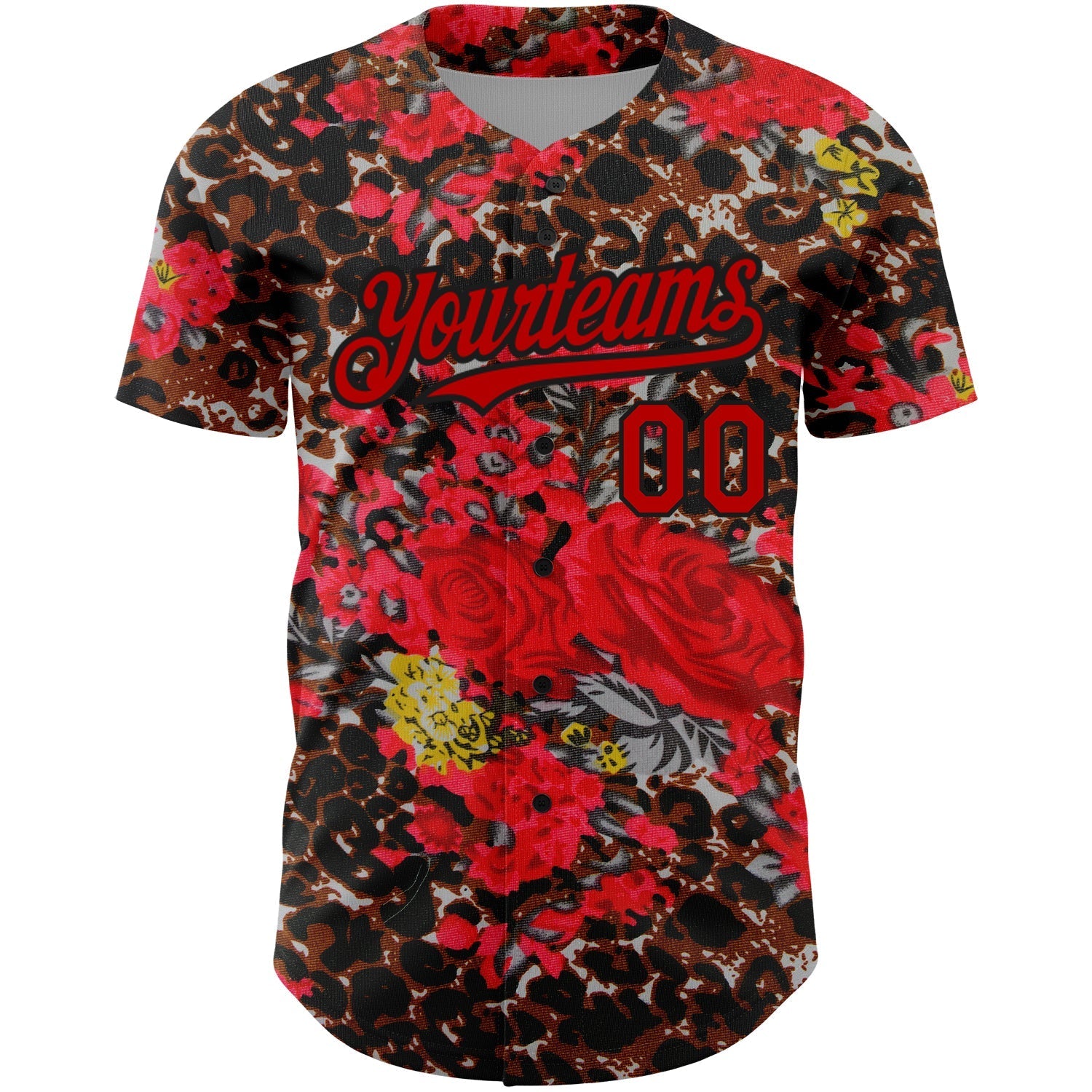 Custom Black Red 3D Pattern Design Northeast China Big Flower And Leopard Print Authentic Baseball Jersey baseball jersey product view 2