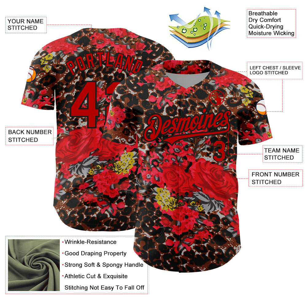 Custom Black Red 3D Pattern Design Northeast China Big Flower And Leopard Print Authentic Baseball Jersey baseball jersey product view 3