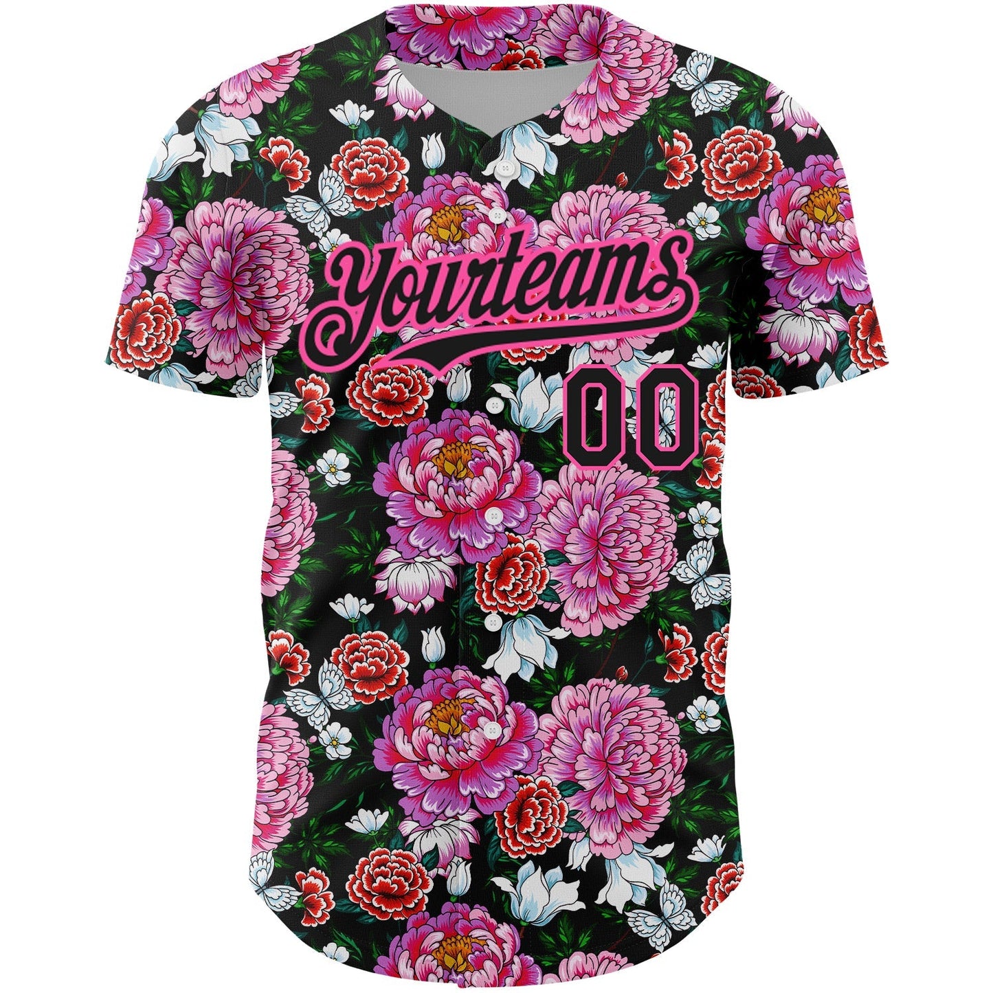 Custom Pink Black 3D Pattern Design Northeast China Big Flower Authentic Baseball Jersey baseball jersey product view 2