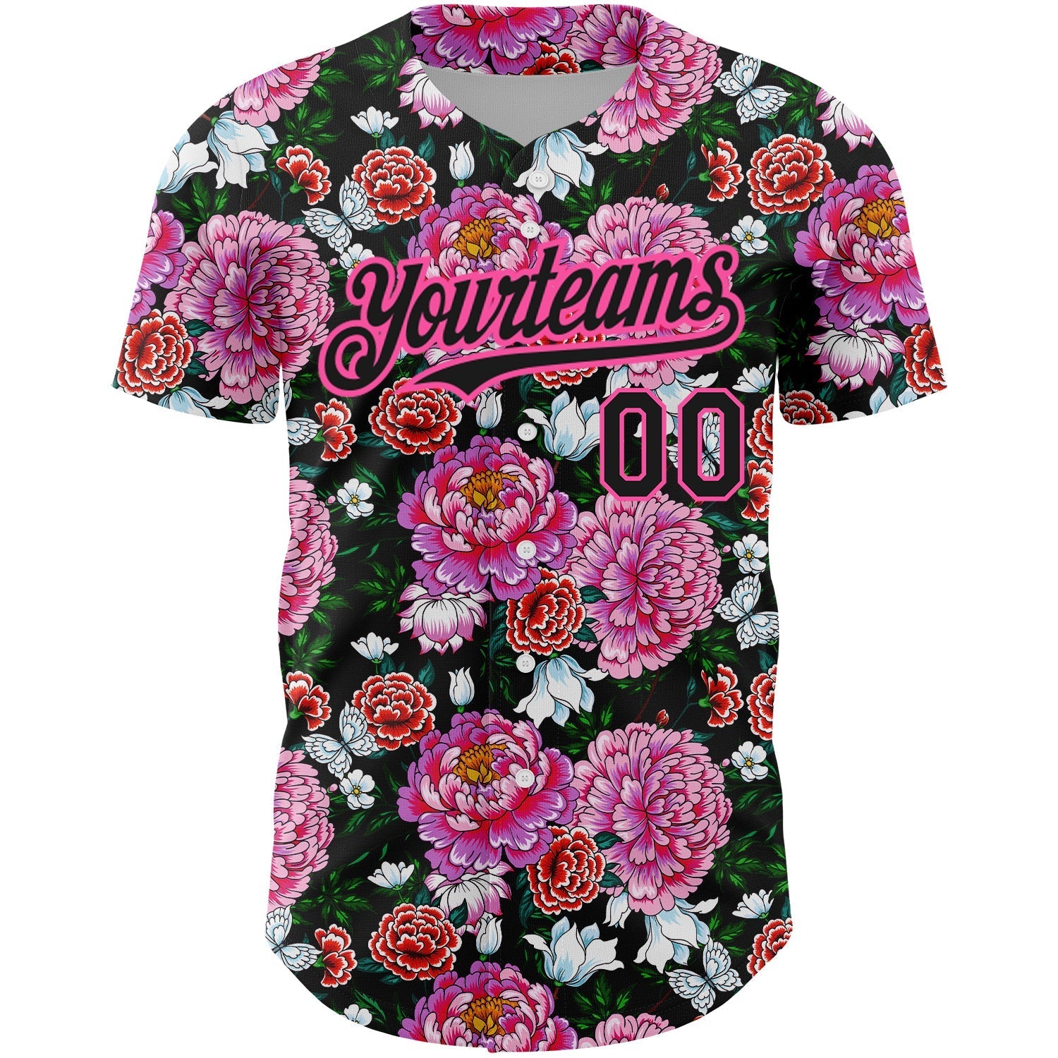 Custom Pink Black 3D Pattern Design Northeast China Big Flower Authentic Baseball Jersey baseball jersey product view 2