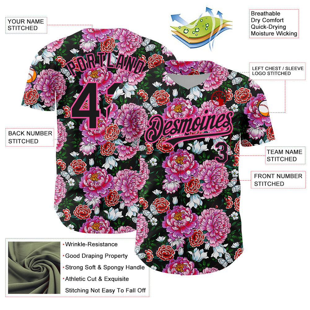 Custom Pink Black 3D Pattern Design Northeast China Big Flower Authentic Baseball Jersey baseball jersey product view 3