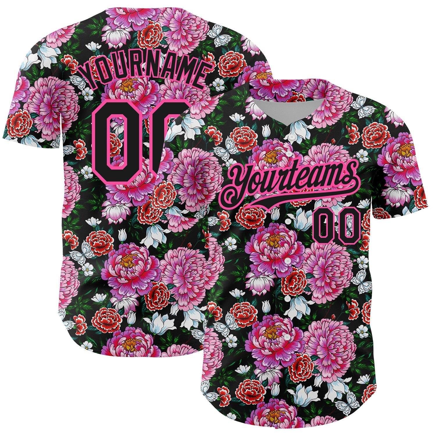 Custom Pink Black 3D Pattern Design Northeast China Big Flower Authentic Baseball Jersey baseball jersey product view 1