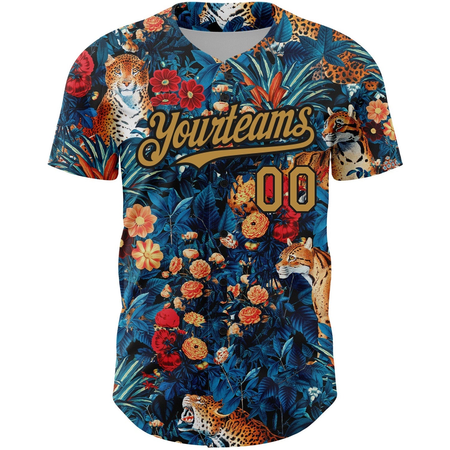 Custom Royal Old Gold-Black 3D Pattern Design Northeast China Big Flower And Leopard Authentic Baseball Jersey baseball jersey product view 2