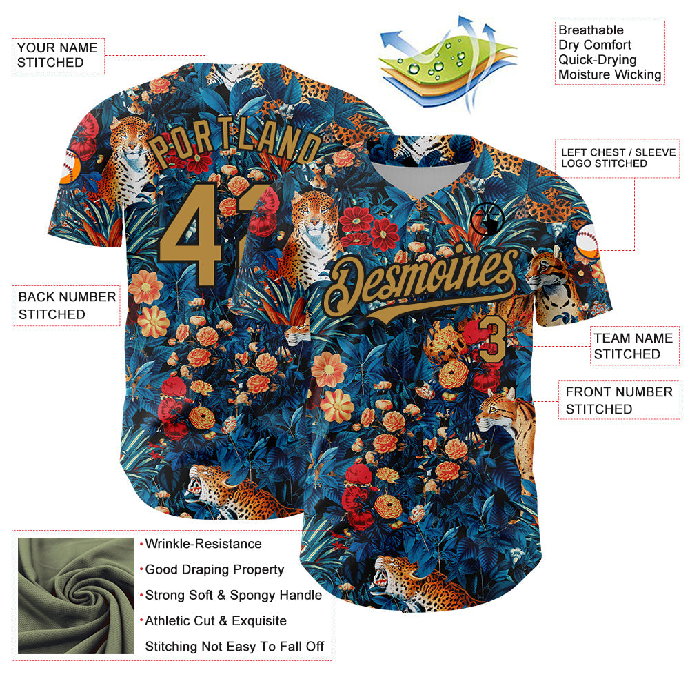 Custom Royal Old Gold-Black 3D Pattern Design Northeast China Big Flower And Leopard Authentic Baseball Jersey baseball jersey product view 3