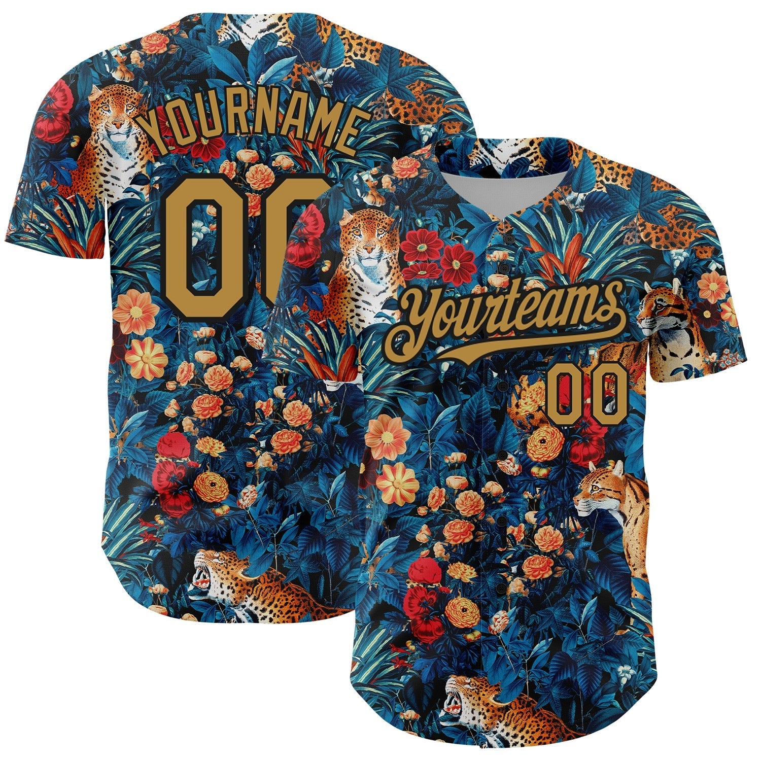 Custom Royal Old Gold-Black 3D Pattern Design Northeast China Big Flower And Leopard Authentic Baseball Jersey baseball jersey product view 1