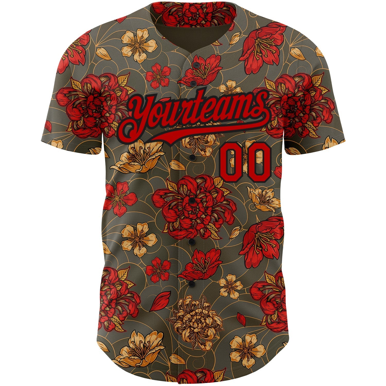 Custom Olive Red-Black 3D Pattern Design Northeast China Big Flower Authentic Baseball Jersey baseball jersey product view 2