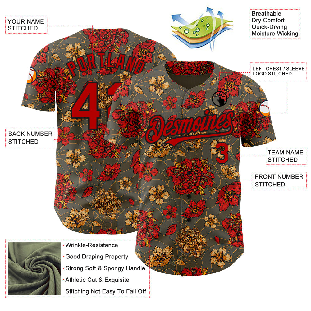 Custom Olive Red-Black 3D Pattern Design Northeast China Big Flower Authentic Baseball Jersey baseball jersey product view 3