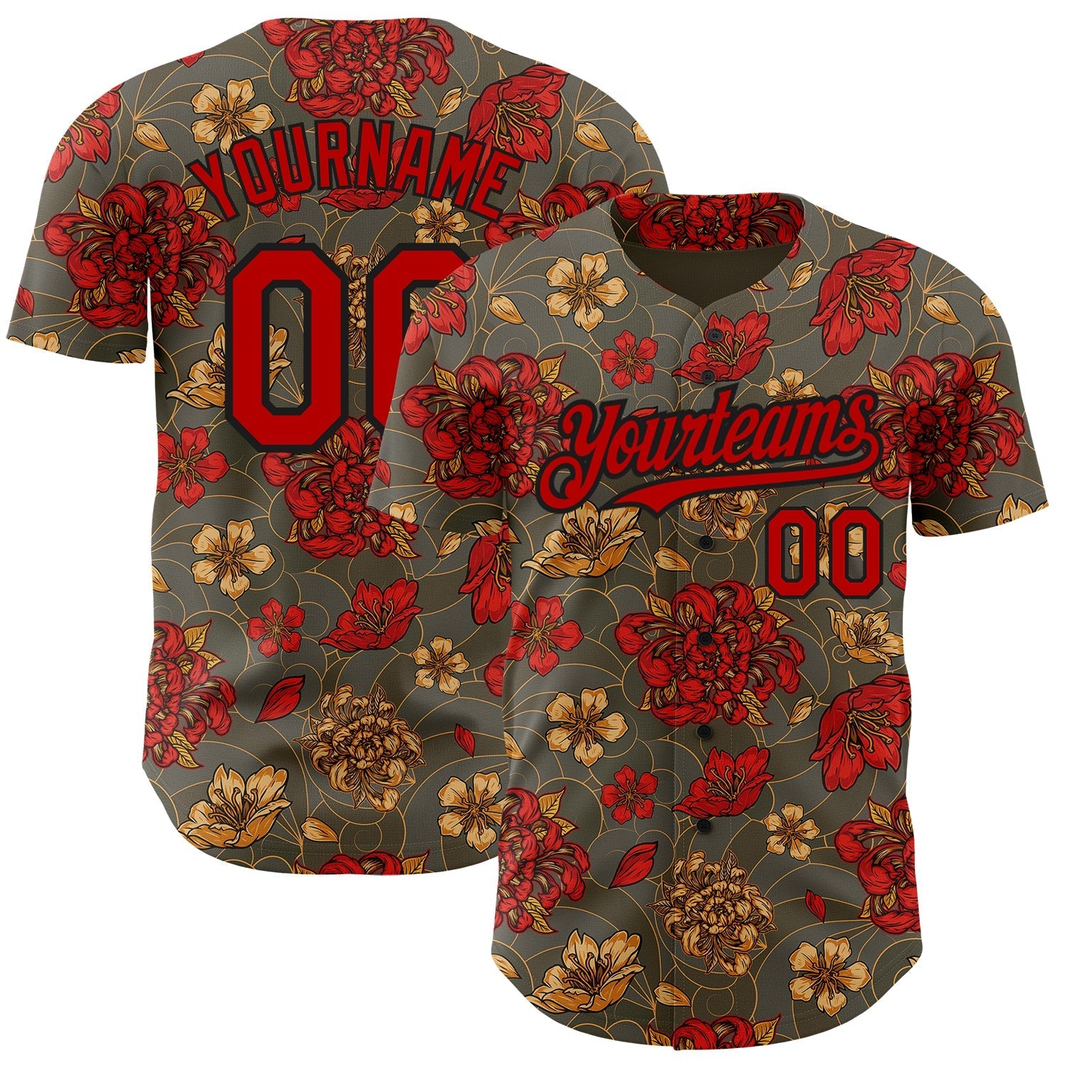 Custom Olive Red-Black 3D Pattern Design Northeast China Big Flower Authentic Baseball Jersey baseball jersey product view 1