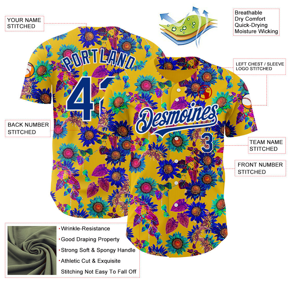 Custom Yellow Royal-White 3D Pattern Design Northeast China Big Flower Authentic Baseball Jersey baseball jersey product view 3