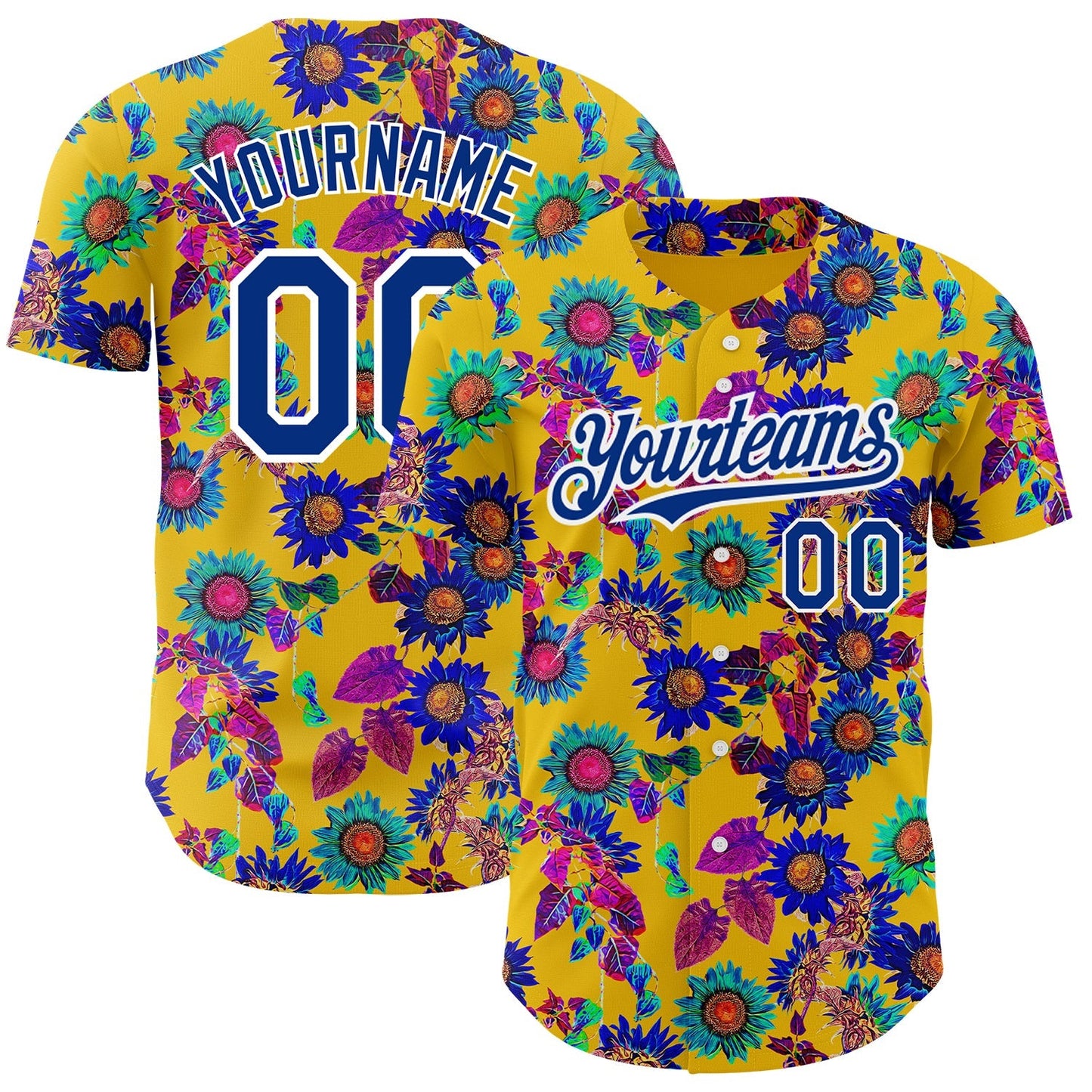 Custom Yellow Royal-White 3D Pattern Design Northeast China Big Flower Authentic Baseball Jersey baseball jersey product view 1