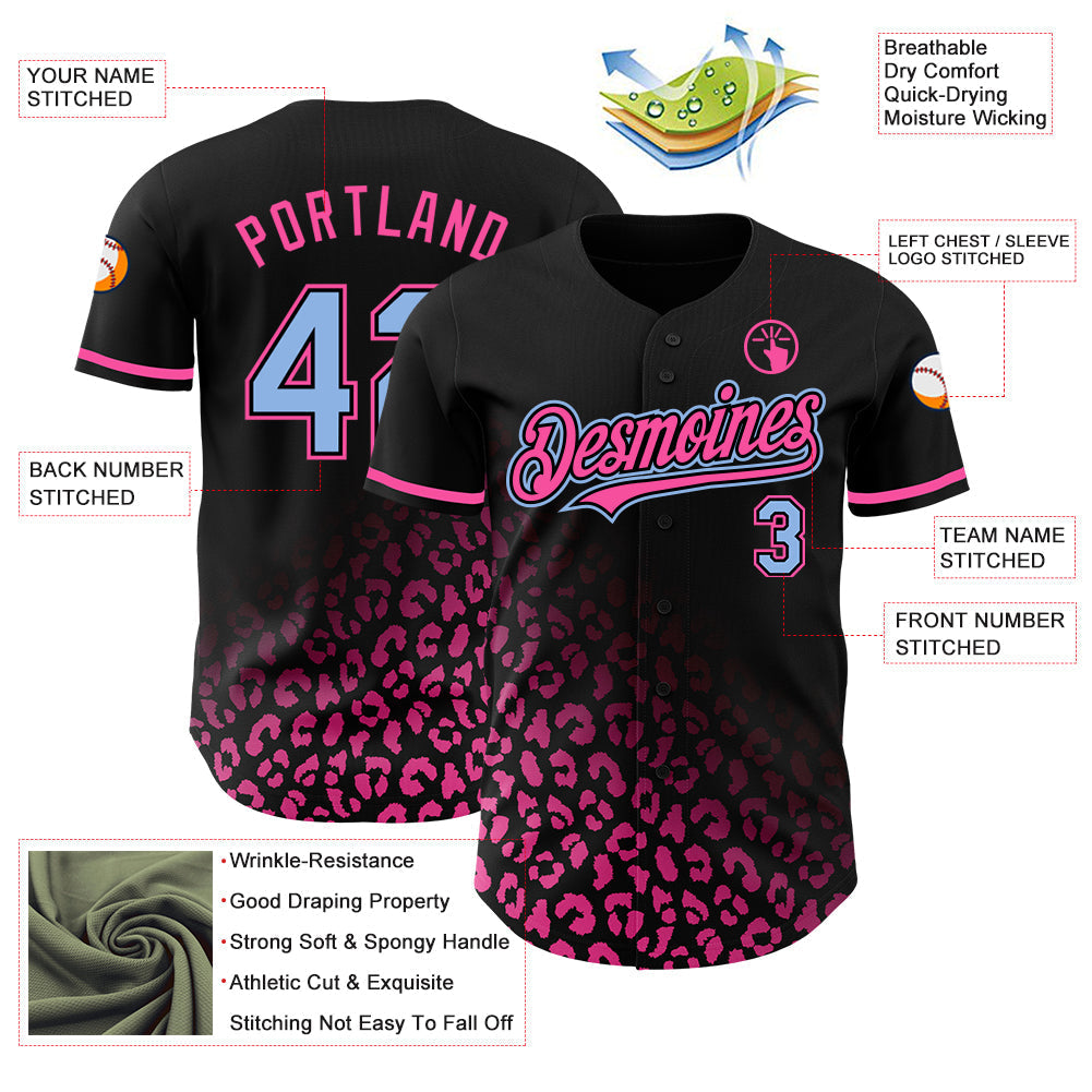Custom Black Light Blue-Pink 3D Pattern Design Leopard Print Fade Fashion Authentic Baseball Jersey baseball jersey product view 3