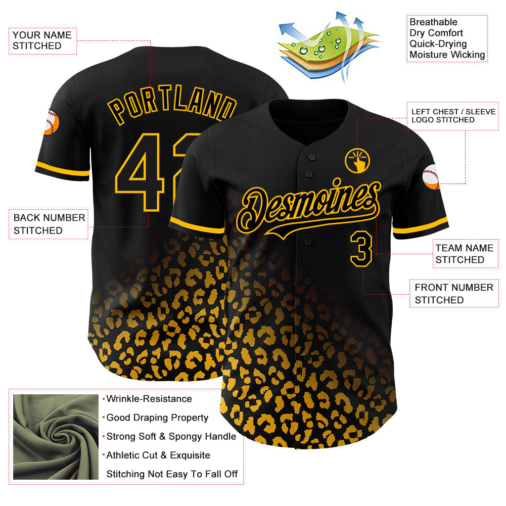 Custom Black Gold 3D Pattern Design Leopard Print Fade Fashion Authentic Baseball Jersey baseball jersey product view 3