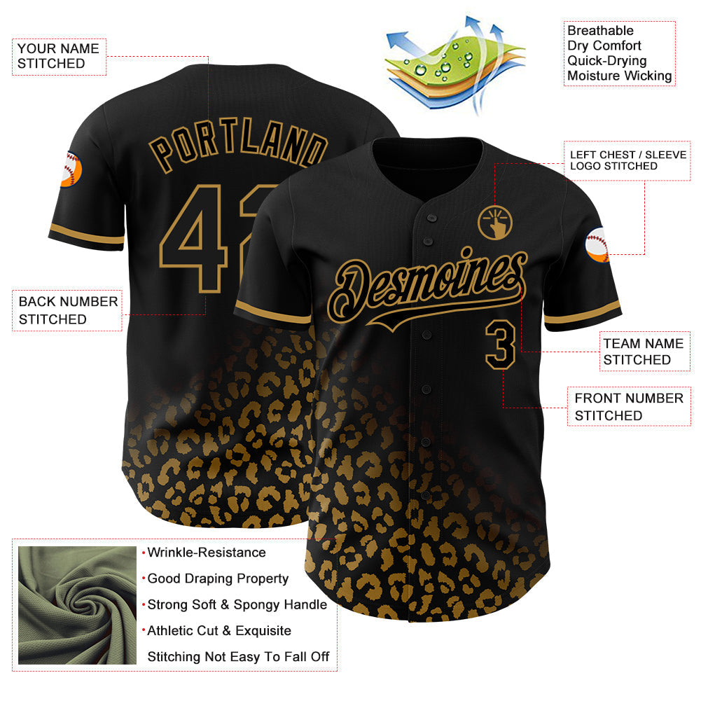 Custom Black Old Gold 3D Pattern Design Leopard Print Fade Fashion Authentic Baseball Jersey baseball jersey product view 3