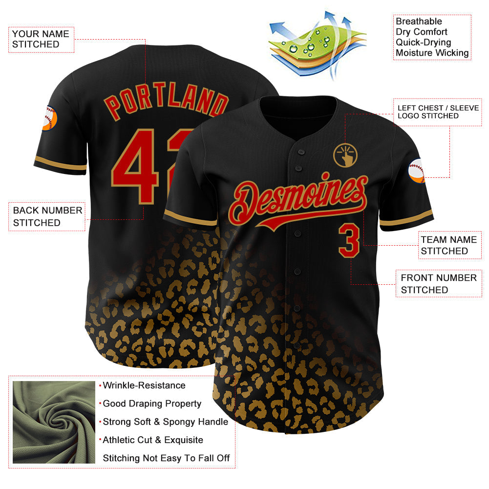 Custom Black Red-Old Gold 3D Pattern Design Leopard Print Fade Fashion Authentic Baseball Jersey baseball jersey product view 3