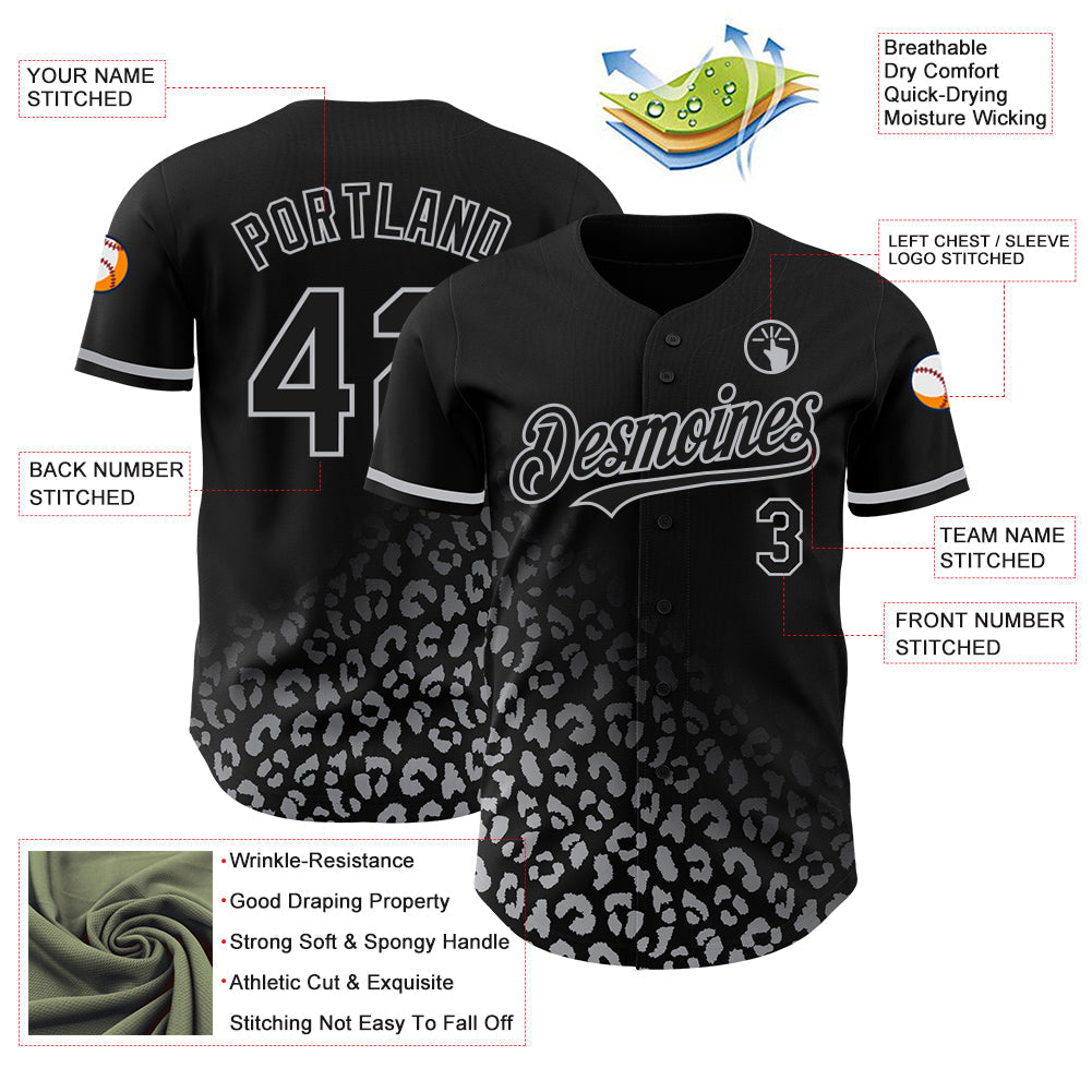 Custom Black Gray 3D Pattern Design Leopard Print Fade Fashion Authentic Baseball Jersey baseball jersey product view 3