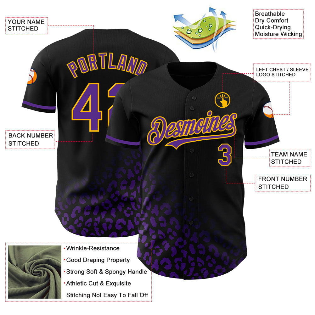 Custom Black Purple-Gold 3D Pattern Design Leopard Print Fade Fashion Authentic Baseball Jersey baseball jersey product view 3