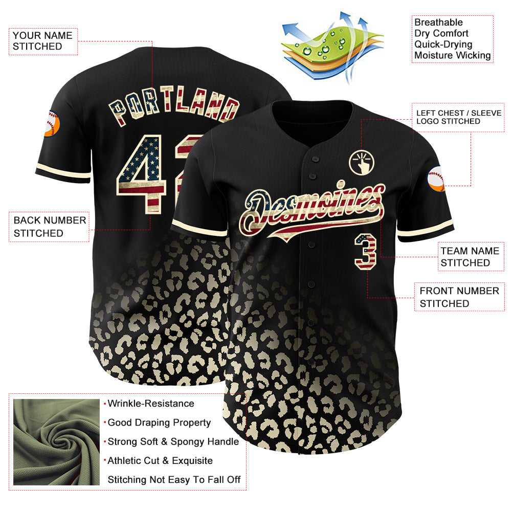 Custom Black Vintage USA Flag-Cream 3D Pattern Design Leopard Print Fade Fashion Authentic Baseball Jersey baseball jersey product view 3