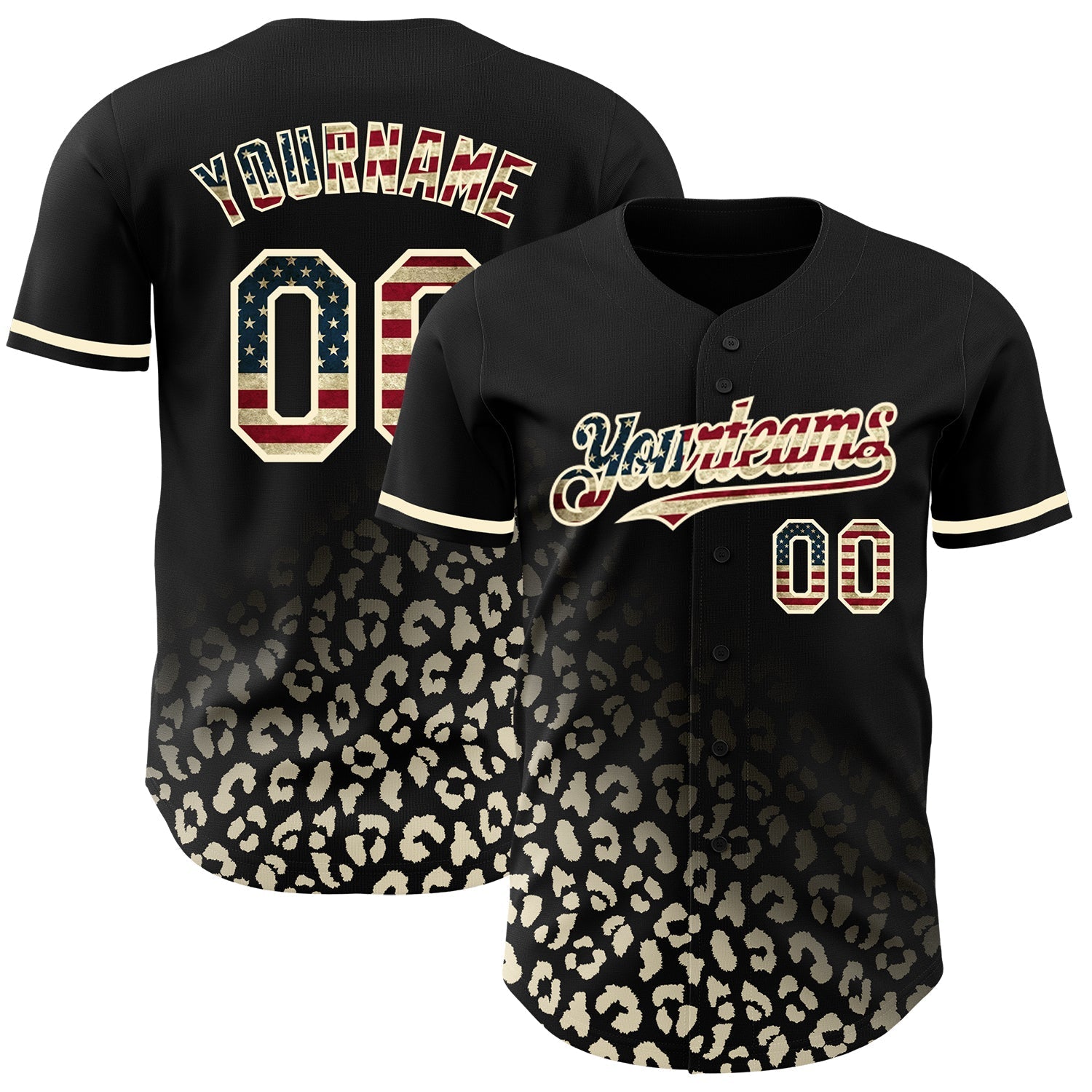 Custom Black Vintage USA Flag-Cream 3D Pattern Design Leopard Print Fade Fashion Authentic Baseball Jersey baseball jersey product view 1