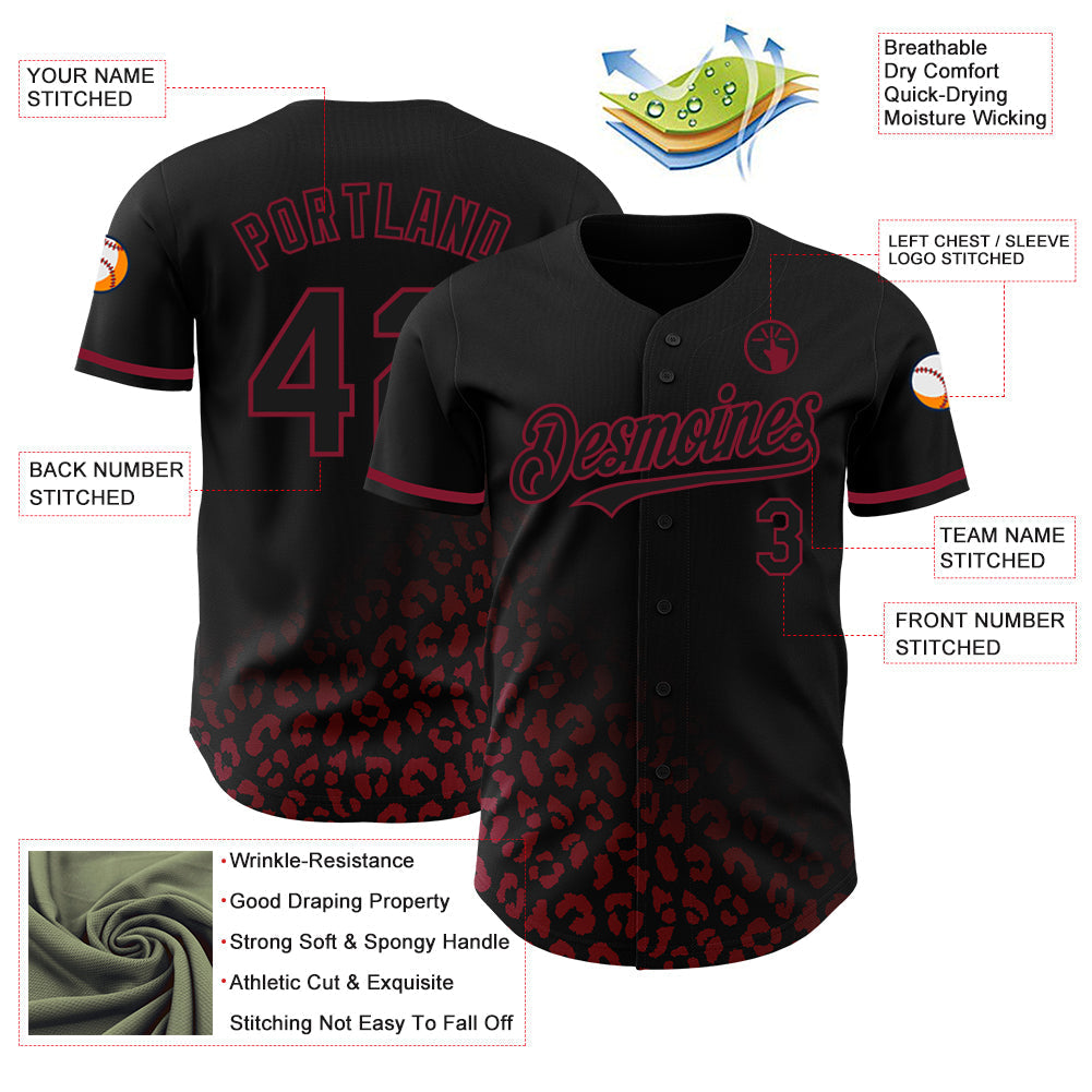 Custom Black Crimson 3D Pattern Design Leopard Print Fade Fashion Authentic Baseball Jersey baseball jersey product view 3