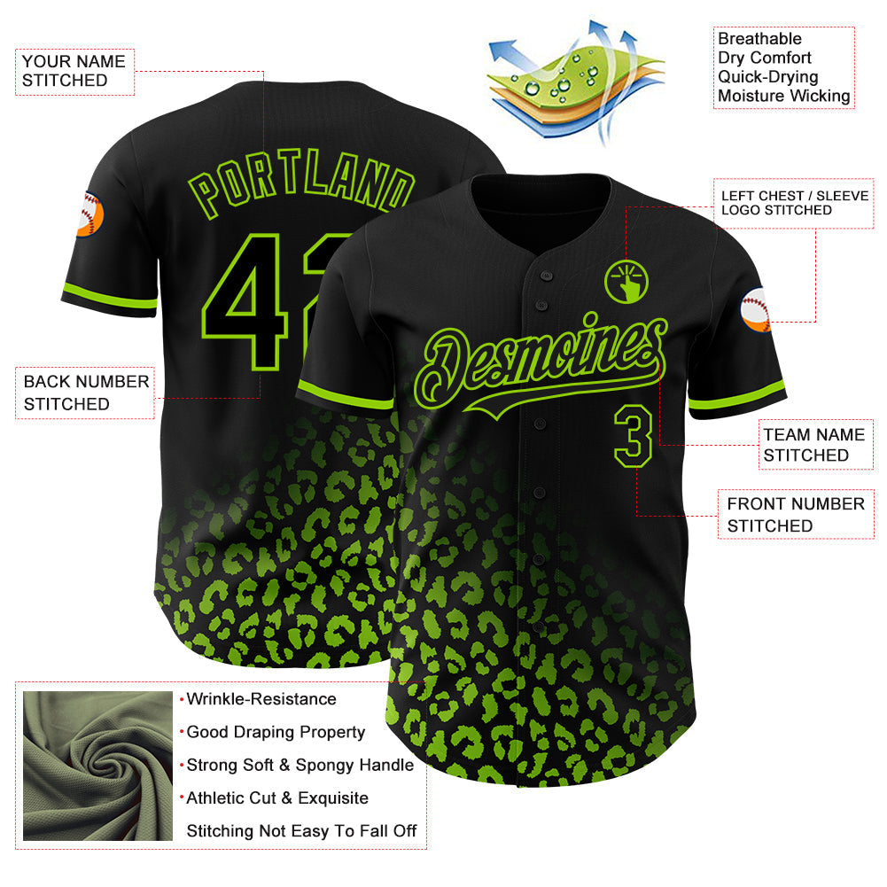 Custom Black Neon Green 3D Pattern Design Leopard Print Fade Fashion Authentic Baseball Jersey baseball jersey product view 3
