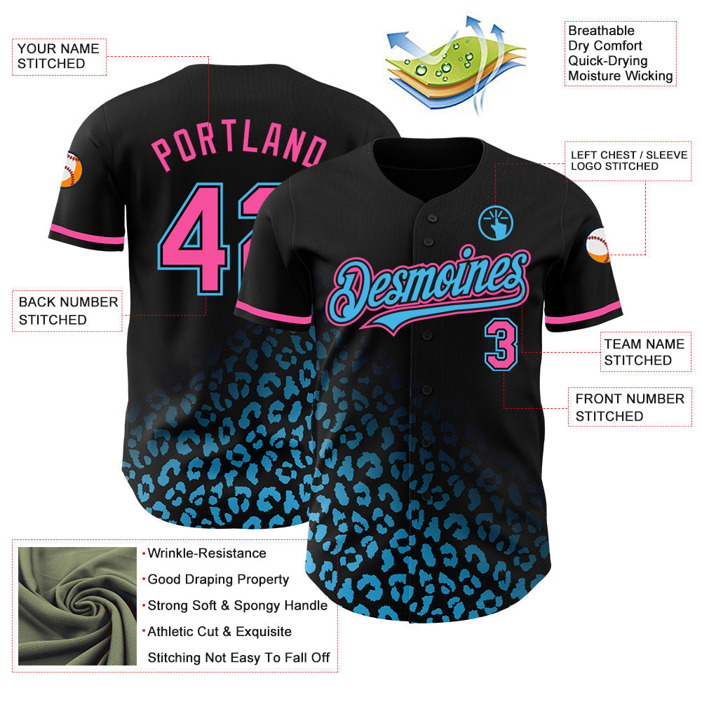 Custom Black Pink-Sky Blue 3D Pattern Design Leopard Print Fade Fashion Authentic Baseball Jersey baseball jersey product view 3