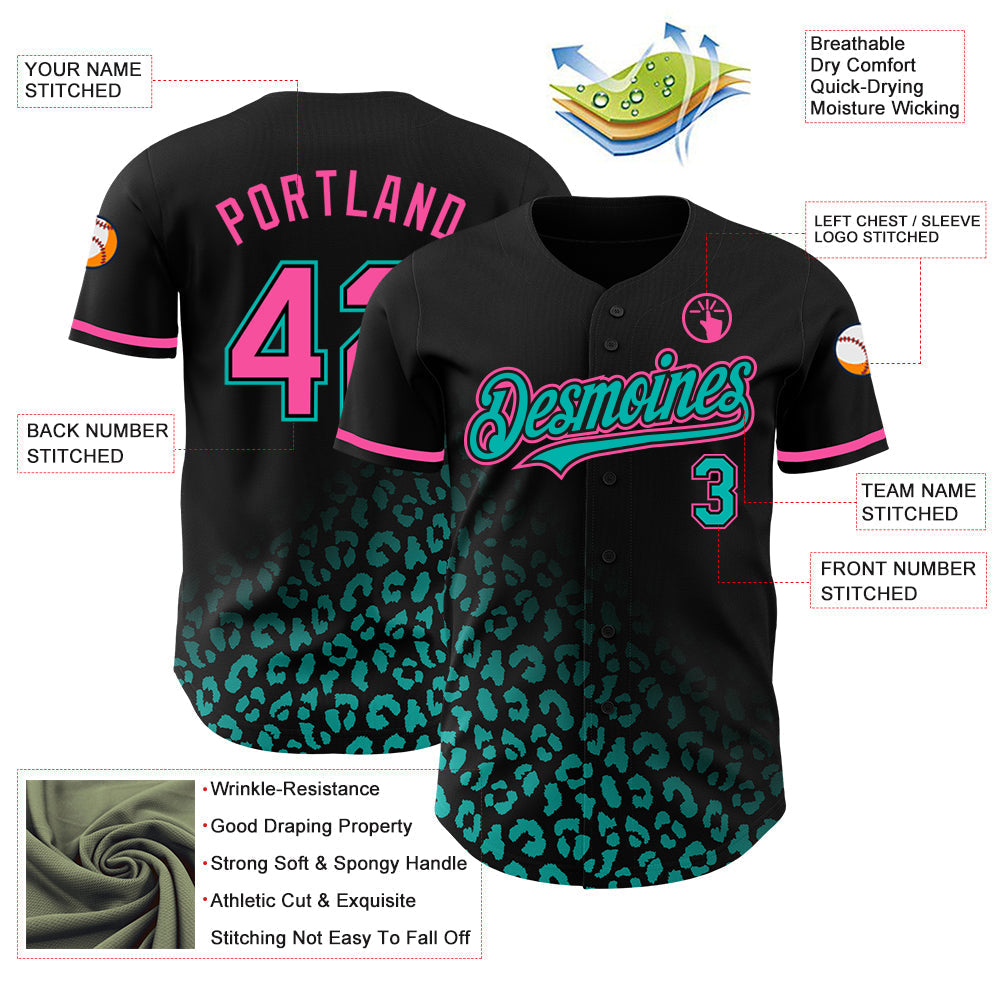 Custom Black Pink-Aqua 3D Pattern Design Leopard Print Fade Fashion Authentic Baseball Jersey baseball jersey product view 3
