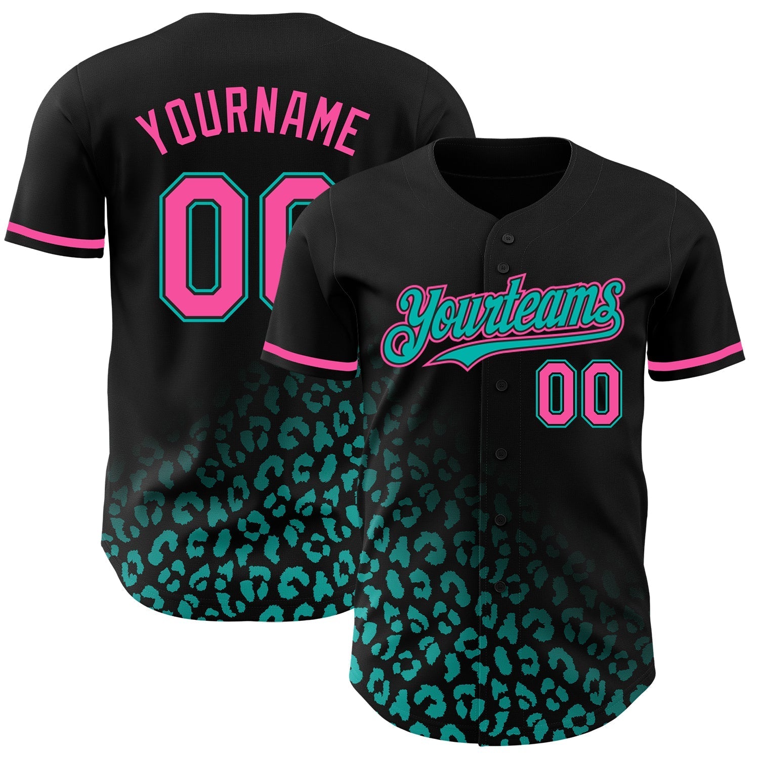Custom Black Pink-Aqua 3D Pattern Design Leopard Print Fade Fashion Authentic Baseball Jersey baseball jersey product view 1