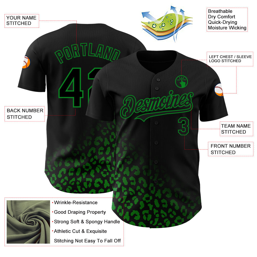 Custom Black Grass Green 3D Pattern Design Leopard Print Fade Fashion Authentic Baseball Jersey baseball jersey product view 3