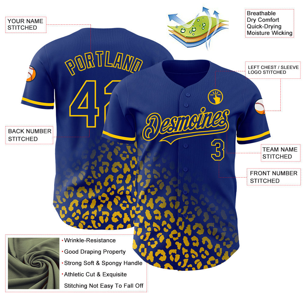 Custom Royal Yellow 3D Pattern Design Leopard Print Fade Fashion Authentic Baseball Jersey baseball jersey product view 3